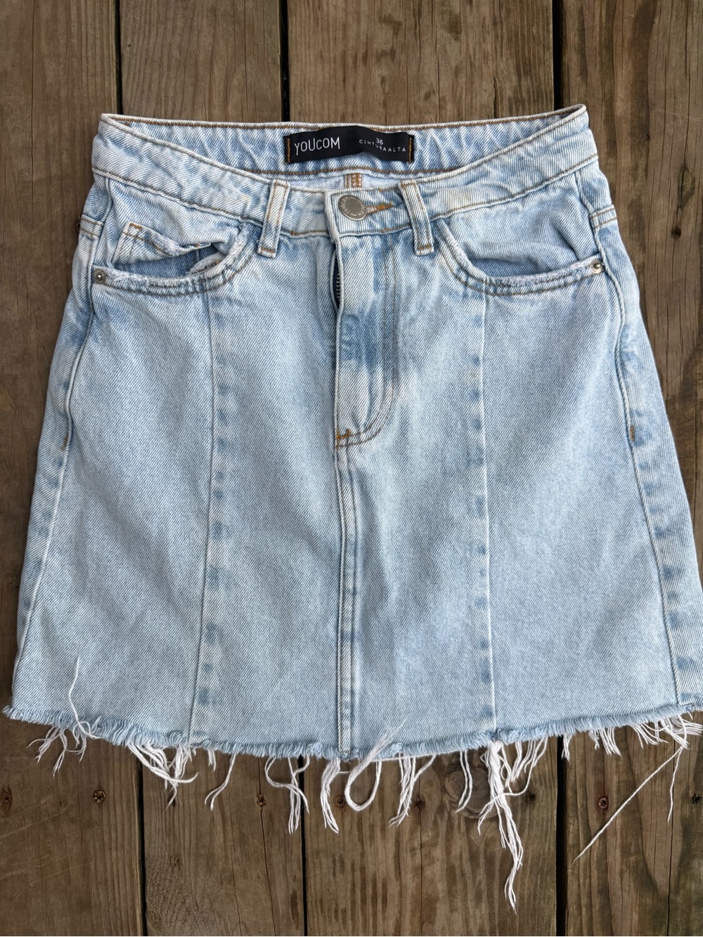 Light Blue Denim Mini Skirt with Frayed Hem
